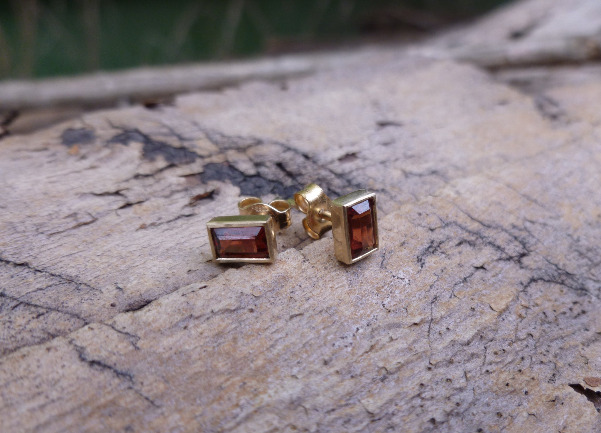 Gold and Garnet baguette studs - G Rubinstein Jewellery