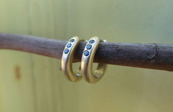 Gold hoop earrings with three sapphires - G Rubinstein Jewellery