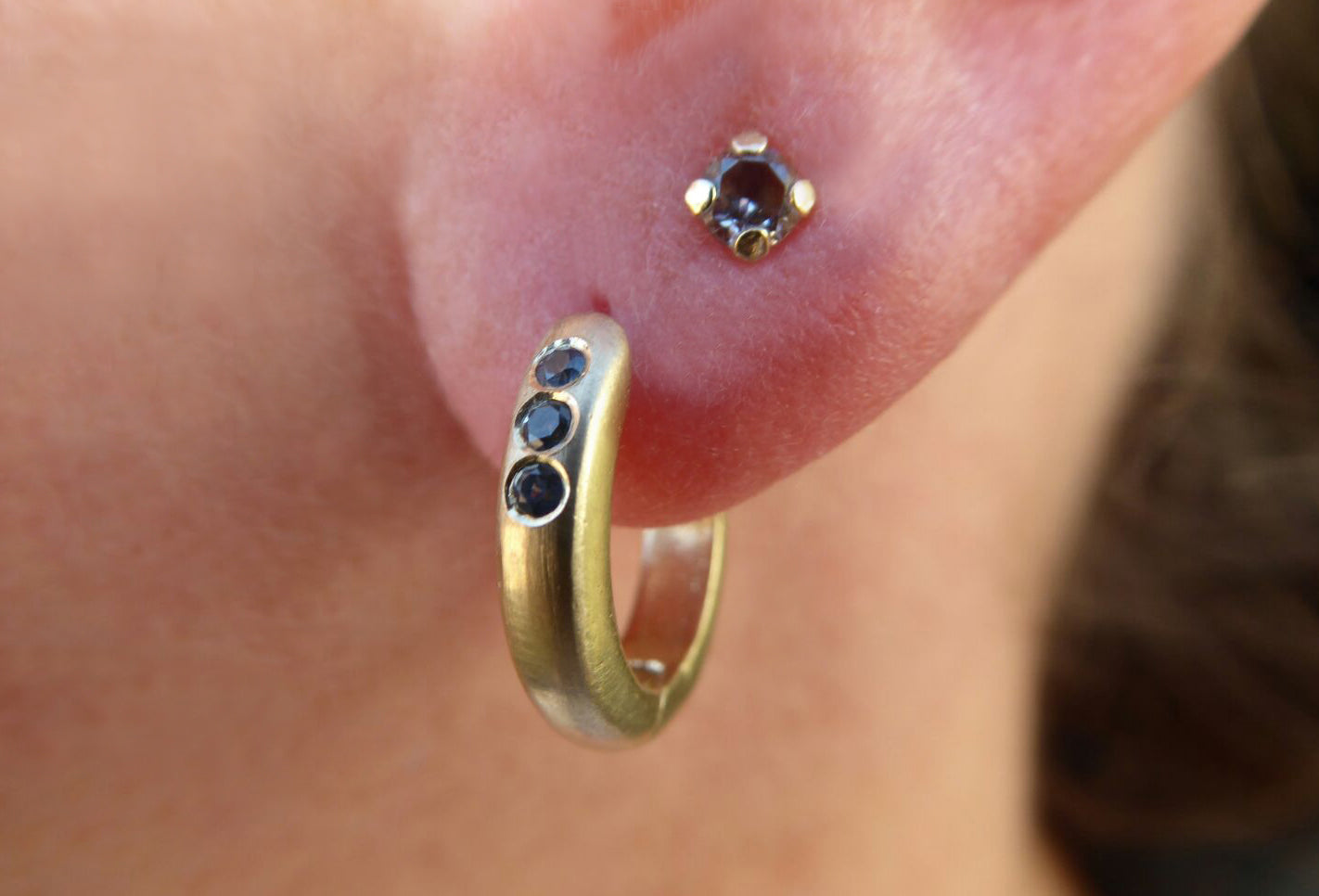 Gold hoop earrings with three sapphires - G Rubinstein Jewellery